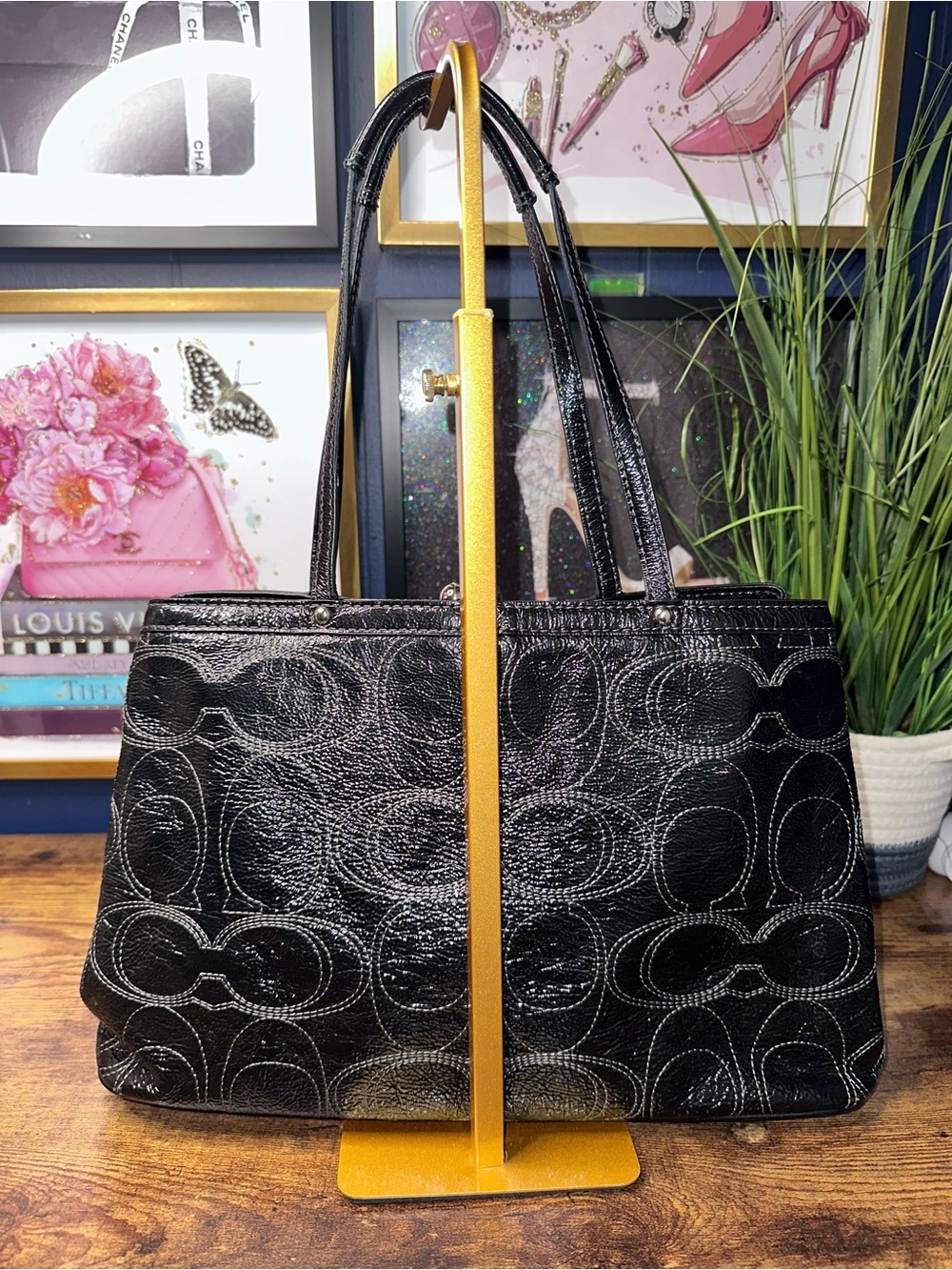 🖤 Coach Black Patent Leather Signature Kisslock Tote Bag - Picture 2 of 12